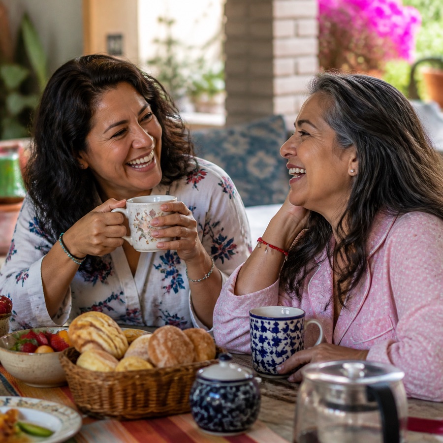 Dos mujeres latinas adultas conversando y riendo con café