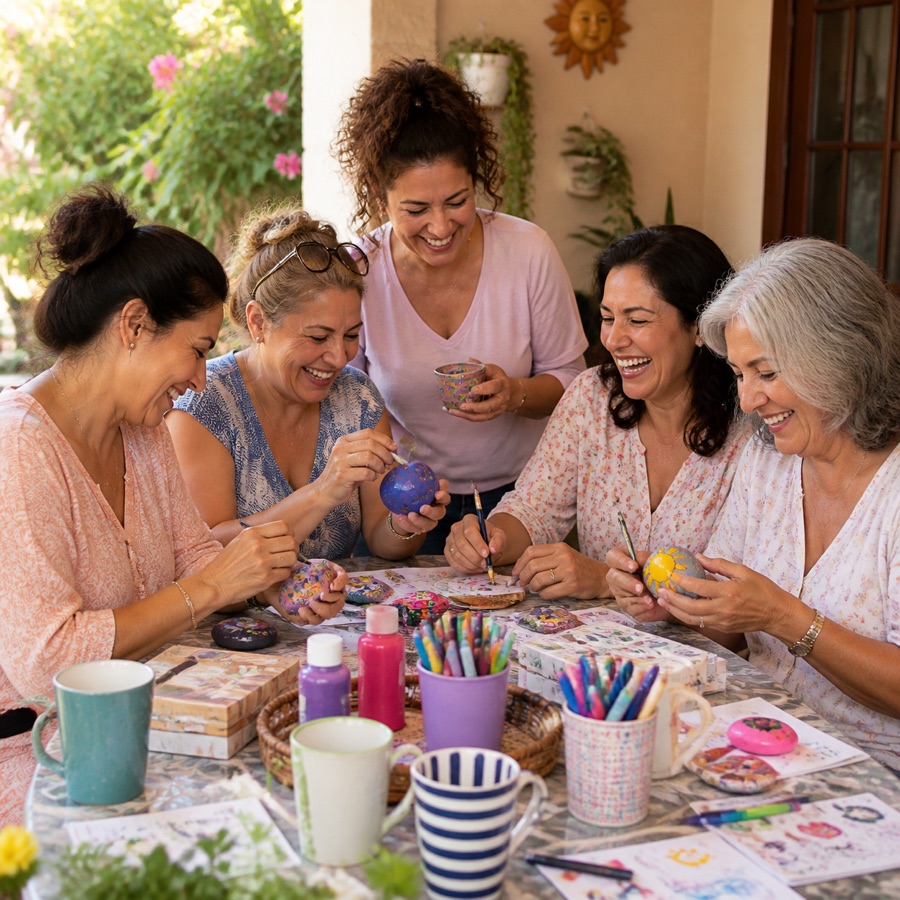 Mujeres latinas adultas creando juntas en una mesa de actividades