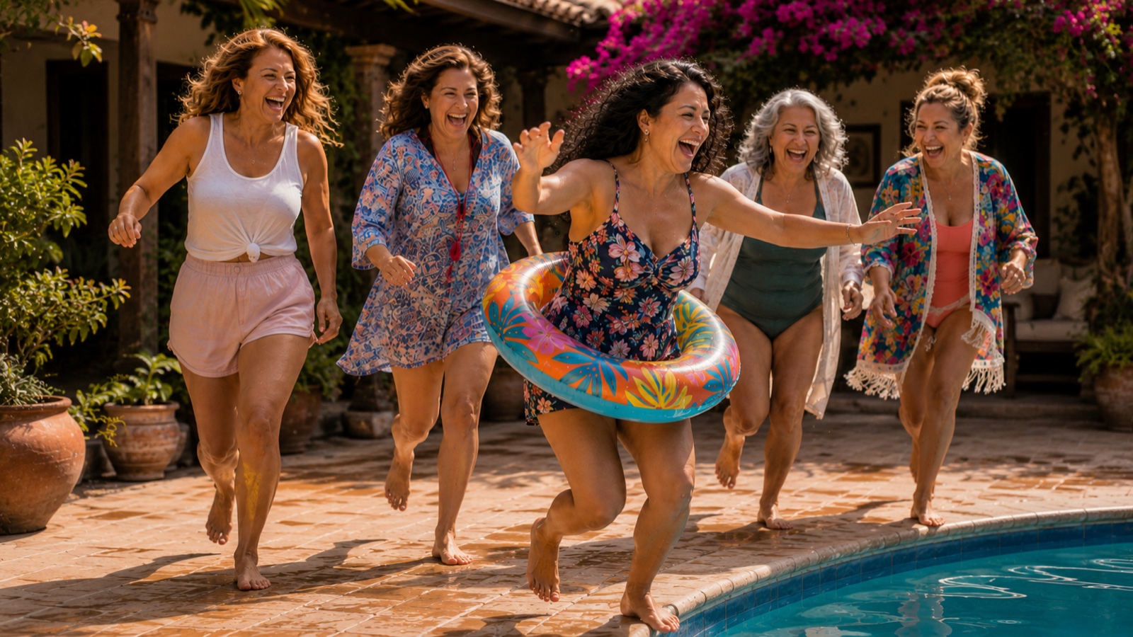Mujeres latinas adultas corriendo y riendo hacia la alberca en un momento espontáneo