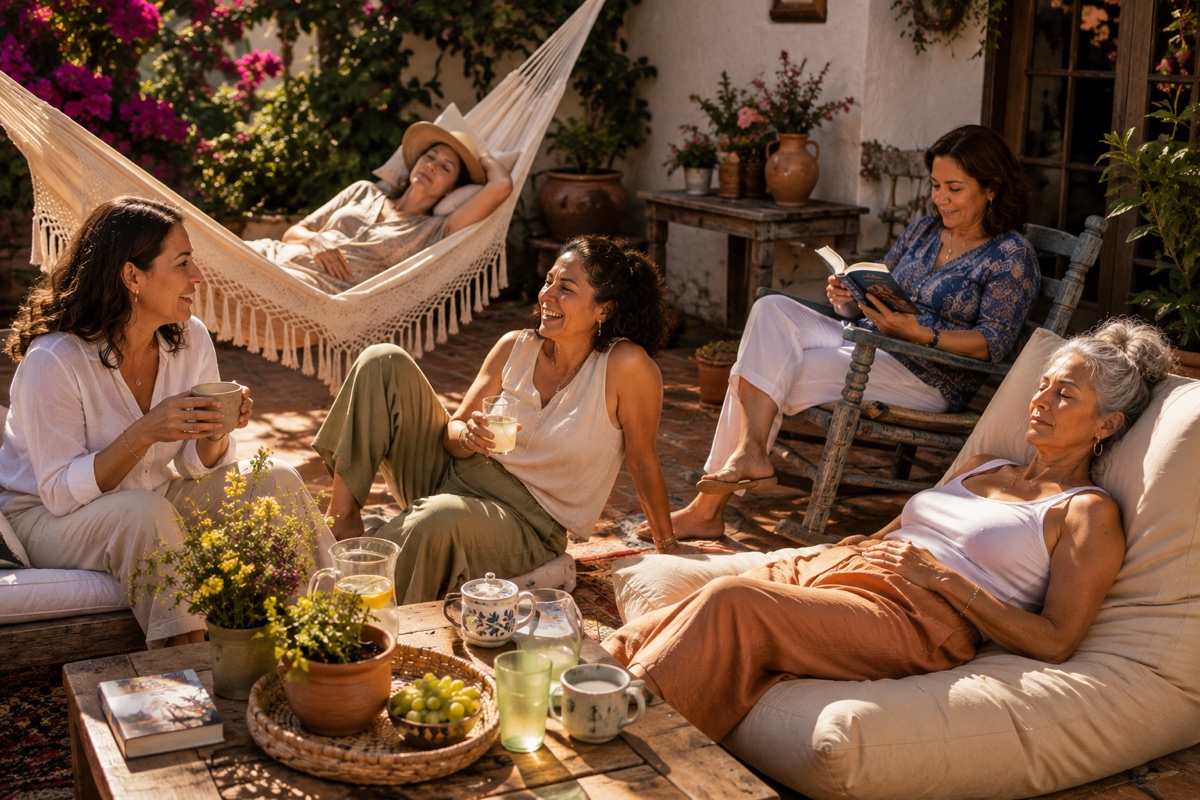 Mujeres latinas adultas descansando en un patio con hamaca, lectura y conversación