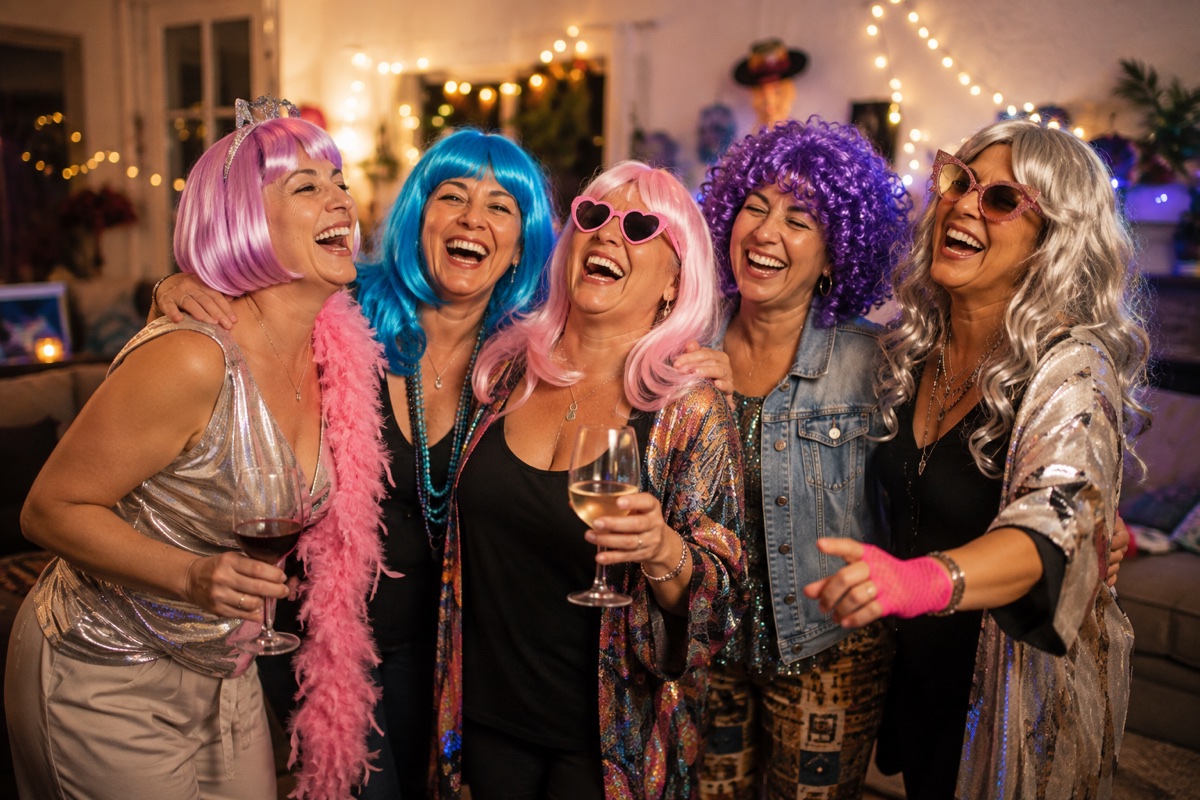 Mujeres latinas adultas riendo en una fiesta temática con accesorios divertidos