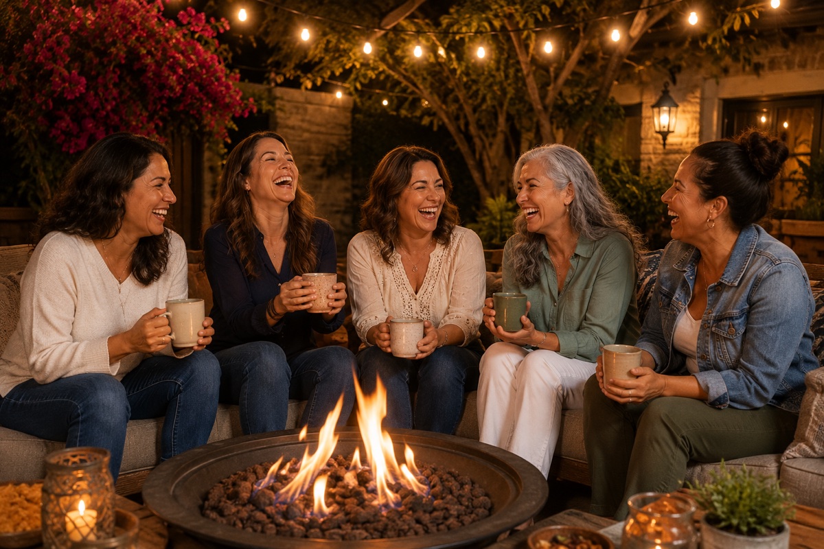 Mujeres latinas adultas conversando y riendo alrededor de una fogata