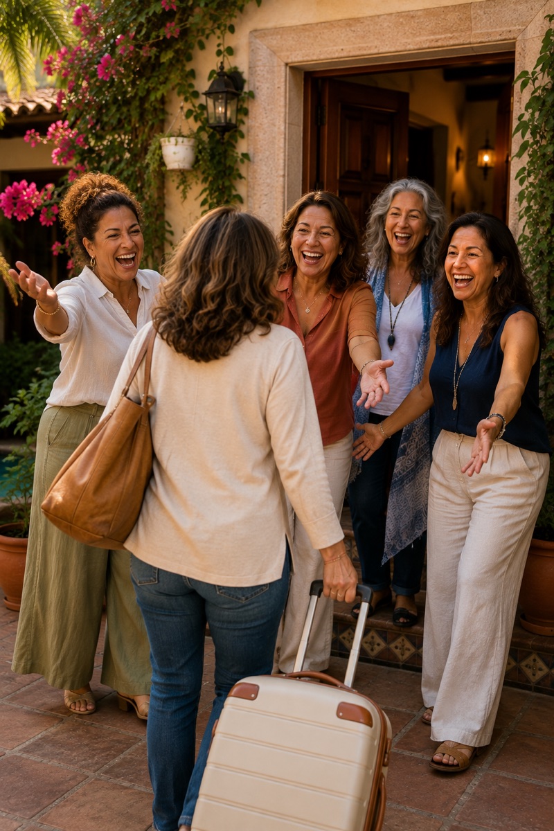Mujer latina adulta llegando sola con equipaje y siendo recibida por otras mujeres